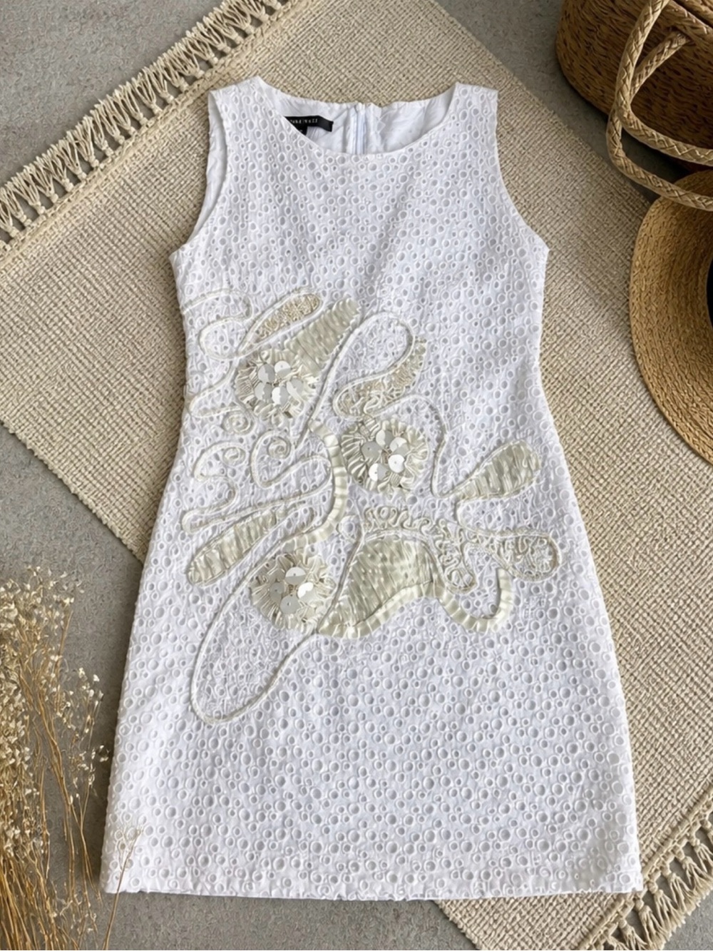 Nine West White Eyelet Mini Dress with Cream Appliqué